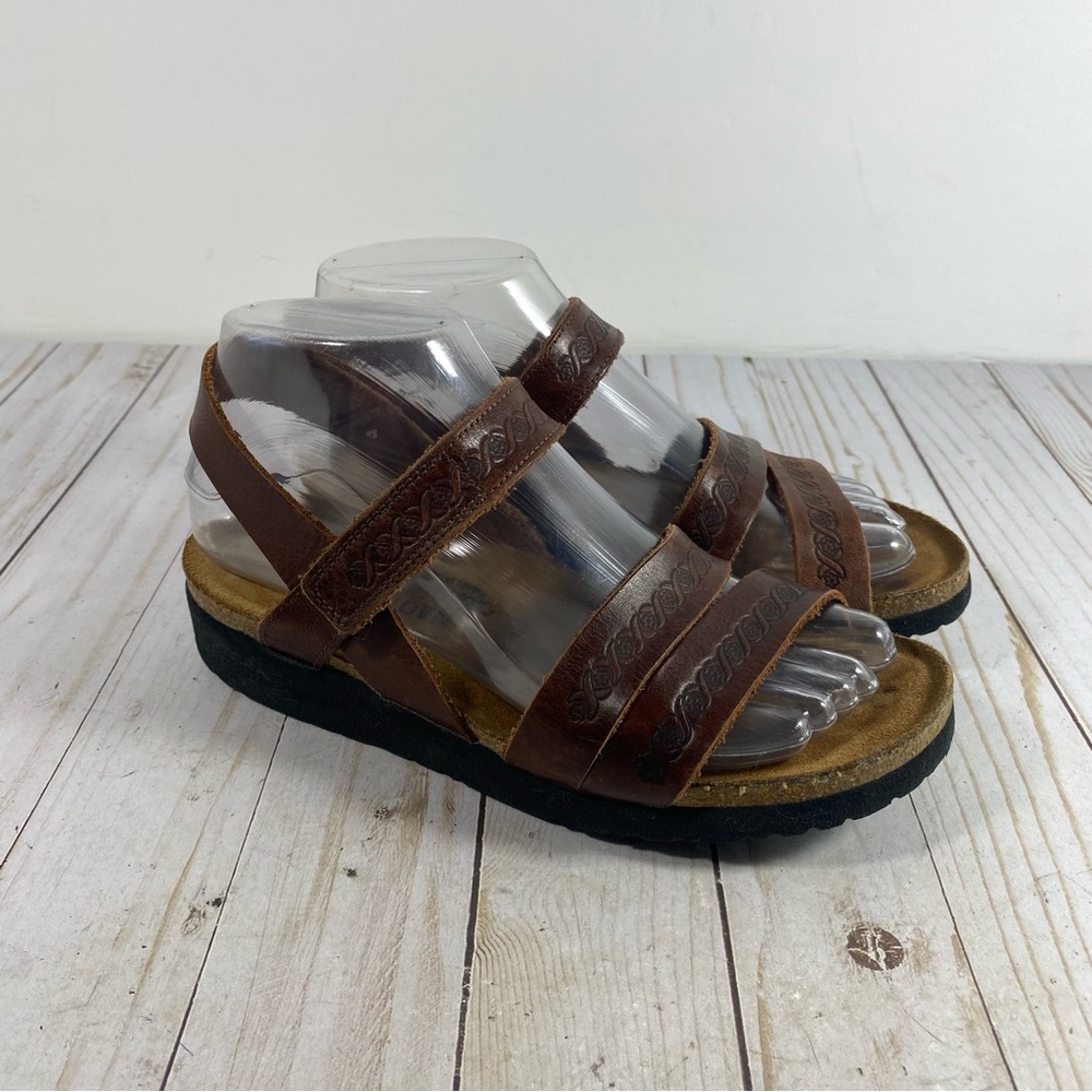 Naot Brown Tooled Leather Cork Strap Sandals 6
